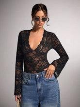 Women's Sheer Sexy V-Neck Flare Sleeve Bodysuit, Autumn